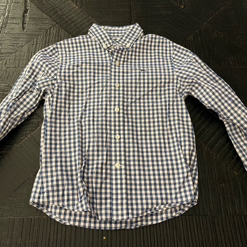 Vineyard Vines Boy’s Navy and White Gingham Button Up Shirt Size 5 EUC